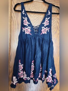 Free People Navy Blue Embroidered Floral Chemise